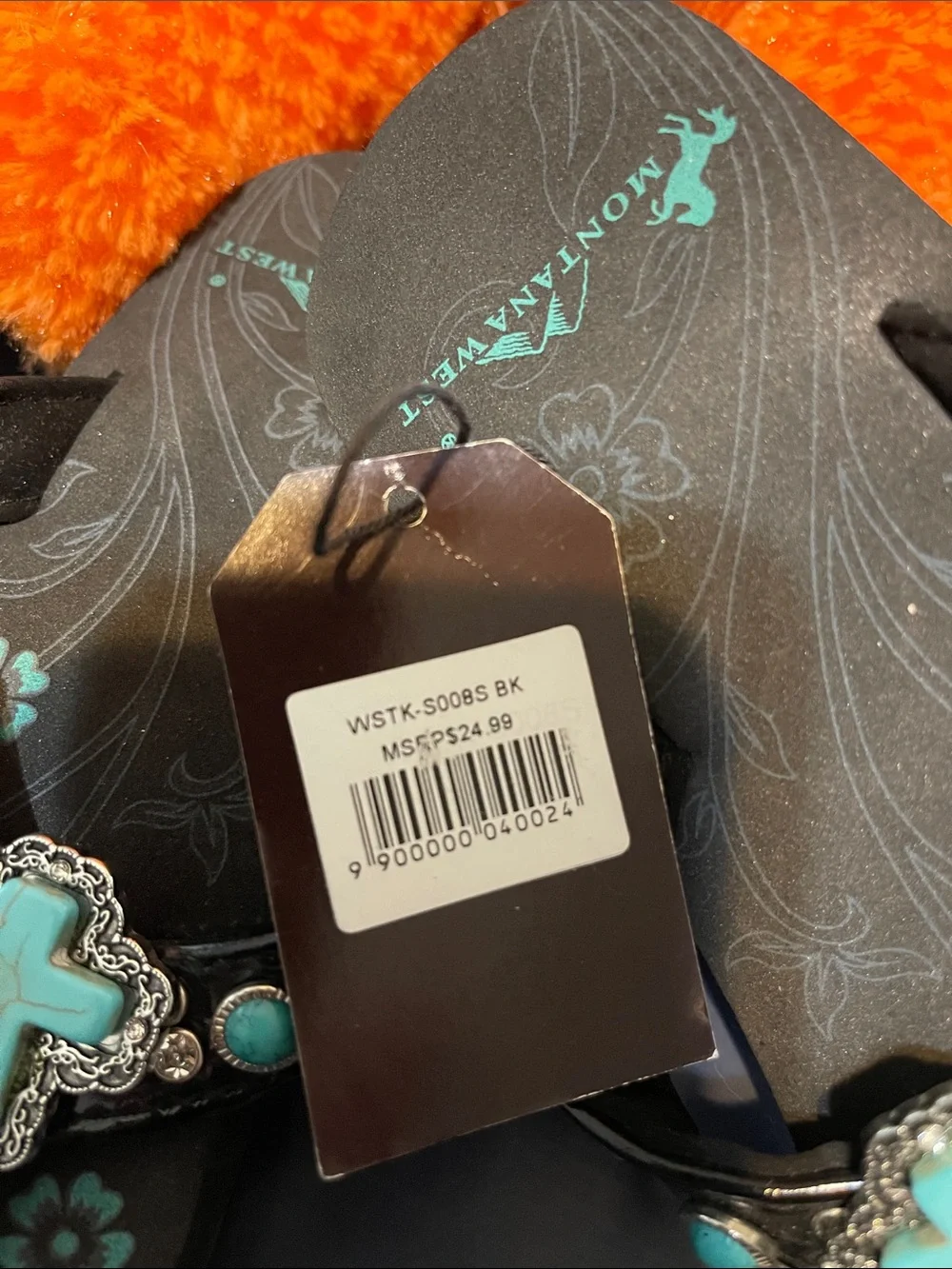 New Kids Montana West Black Flip Flops with Turquoise Cross Accents sizes 13-4